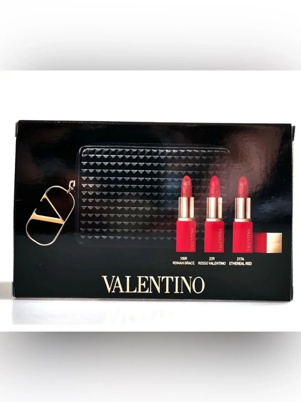 NIB Limited edition VALENTINO Mini Rosso Lipstick Trio w/ black studded bag.